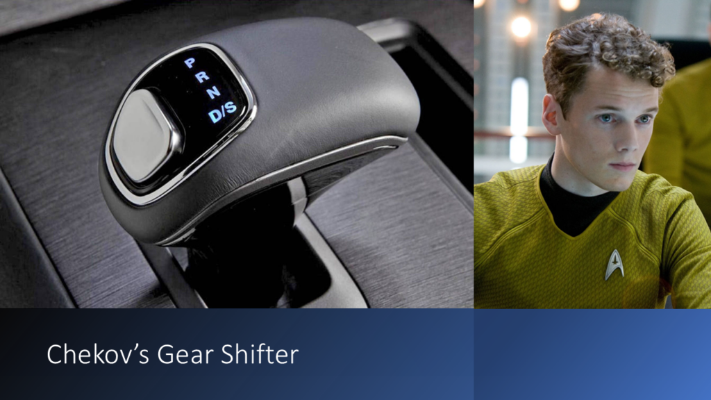 Composite of the Jeep gear shifter and actor Anton Yelchin in Star Trek costume