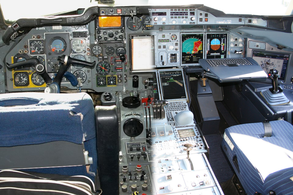 Composite of older and newer aircraft cockpits